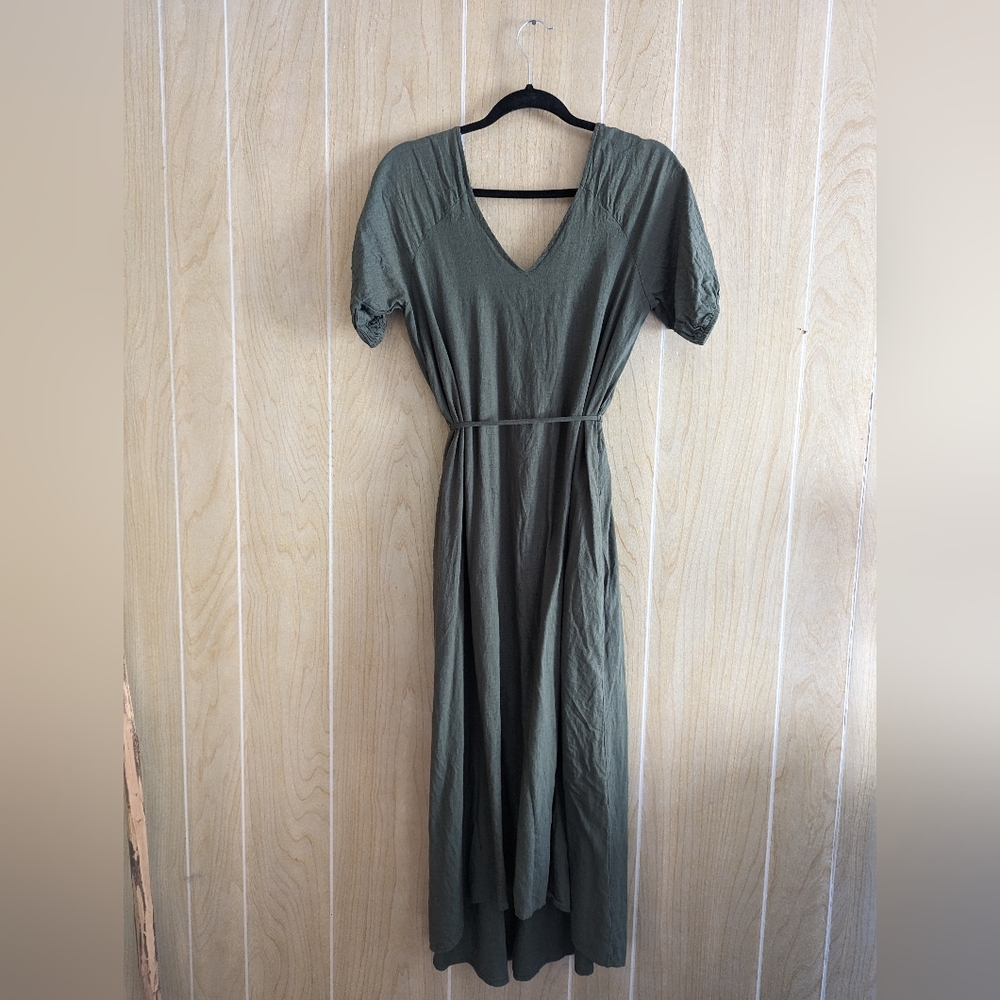 Fanco Women's Olive Green Dress Small Rayon Linen V-Neck Short Sleeve Hi Low Tie